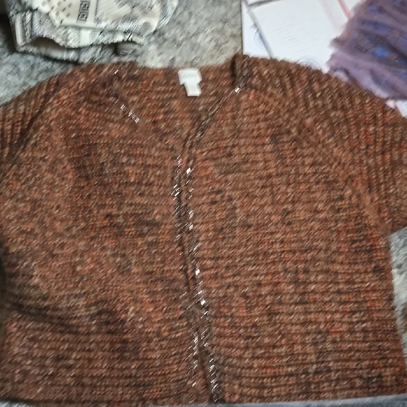 Chicos Brown and orange open front cardigan with chainntrim, Size M - Picture 1 of 7